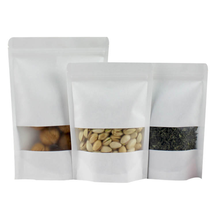 Resealable Zipper And Clear Window Compostable Stand Up Pouches Natural Kraft Paper Stand Up
