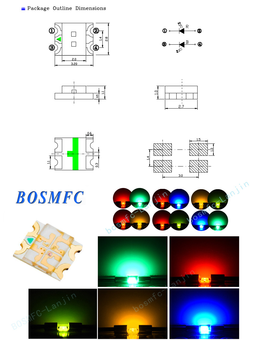 3228 Surface Mount Bi Color 1206 SMD LED Red and Green Light 20mA