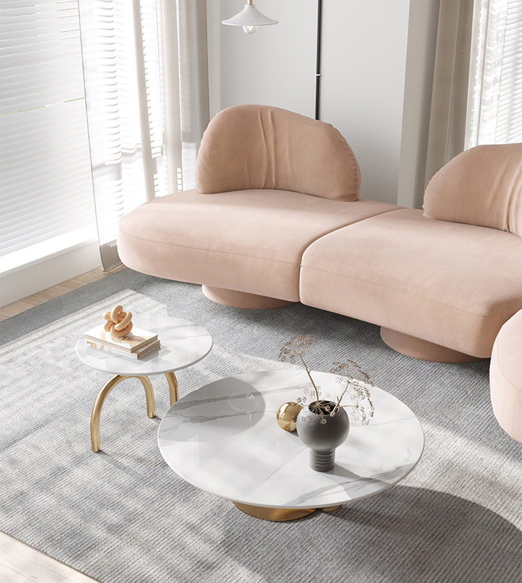 Round 11mm Marble Topped Pedestal Coffee Table Set With Gold Base