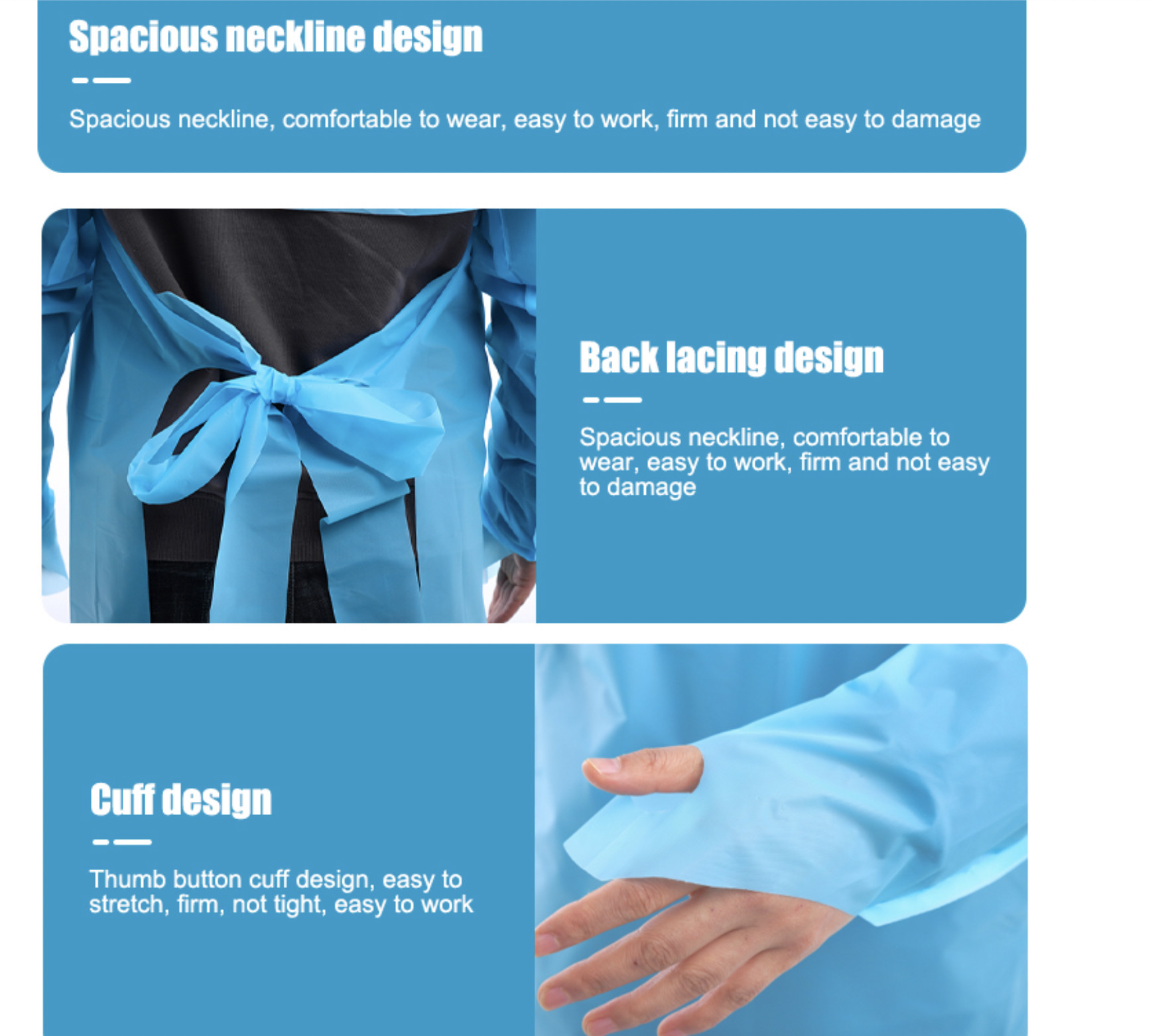 CE Certified CPE Gowns with Tie Back Closure, 125*190cm & 140*205cm Size