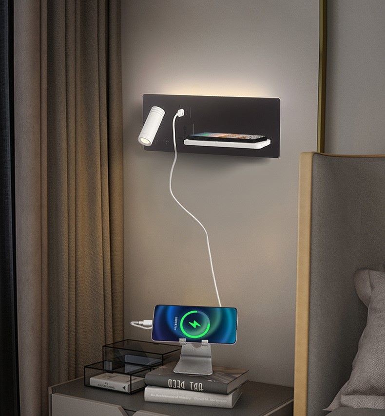 Multifunctional hotel villa apartment reading wall lamp USB Type-C wireless charger socket bedside light bedroom lamp