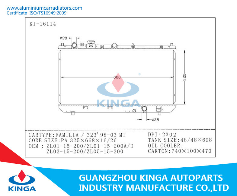 Mazda Car Aluminum Radiator for FAMILIA / 323 ' 98-03 OEM ZL01-15-200/ZL01-15-200A/D
