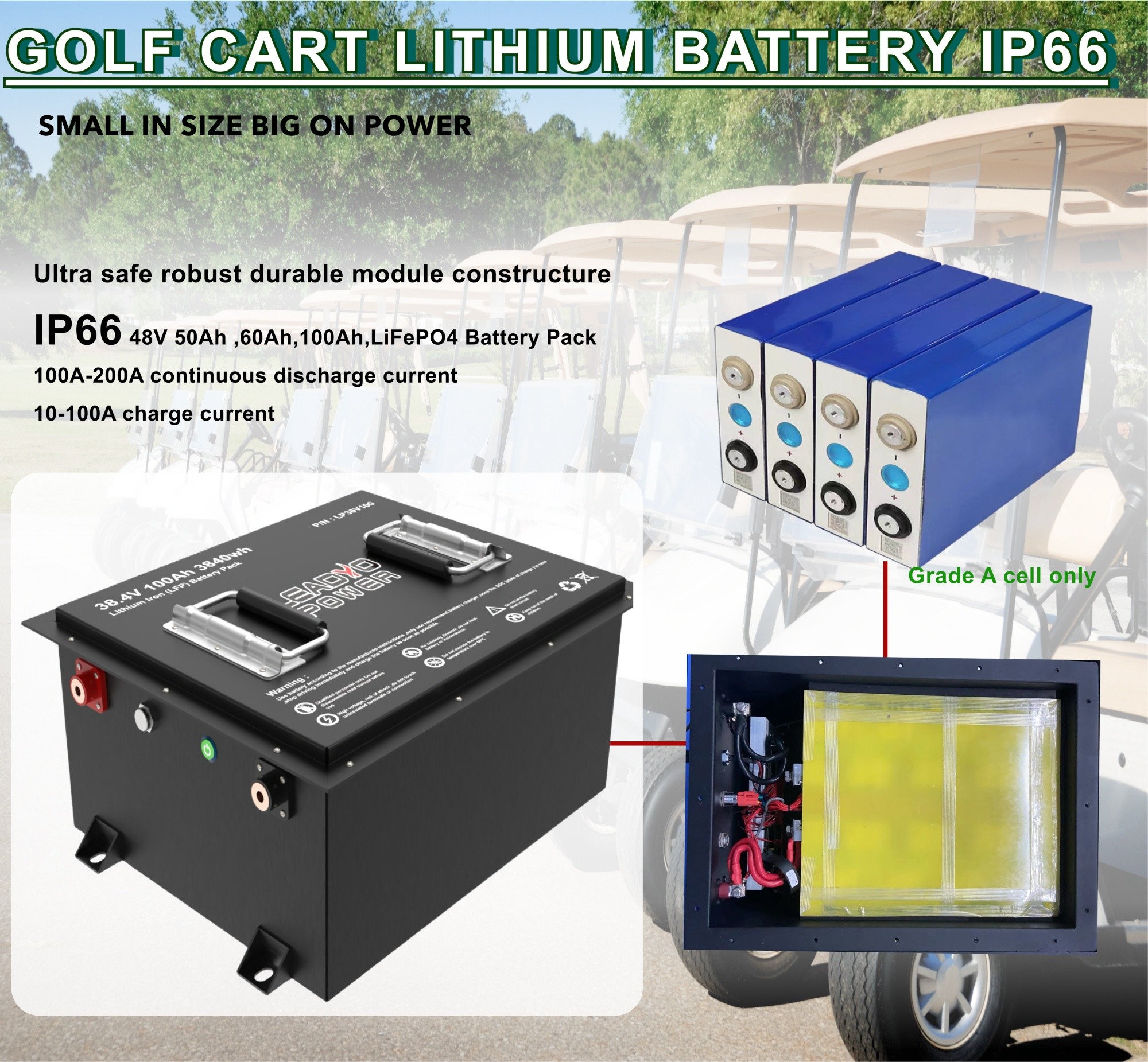 One-stop Lithium Golf Cart 36V 38.4V 100Ah LiFePO4 LFP Battery Manufacturer With LCD LED Display / Charger