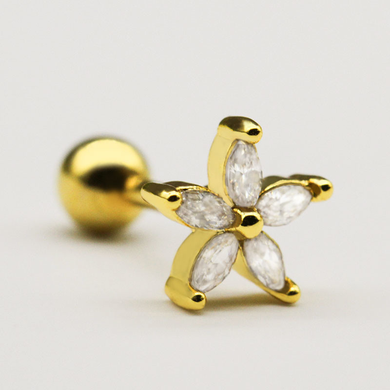 Gold Flower Ear Piercing Jewellery Clear Gems 1.2mm 16 Gauge Earrings Studs