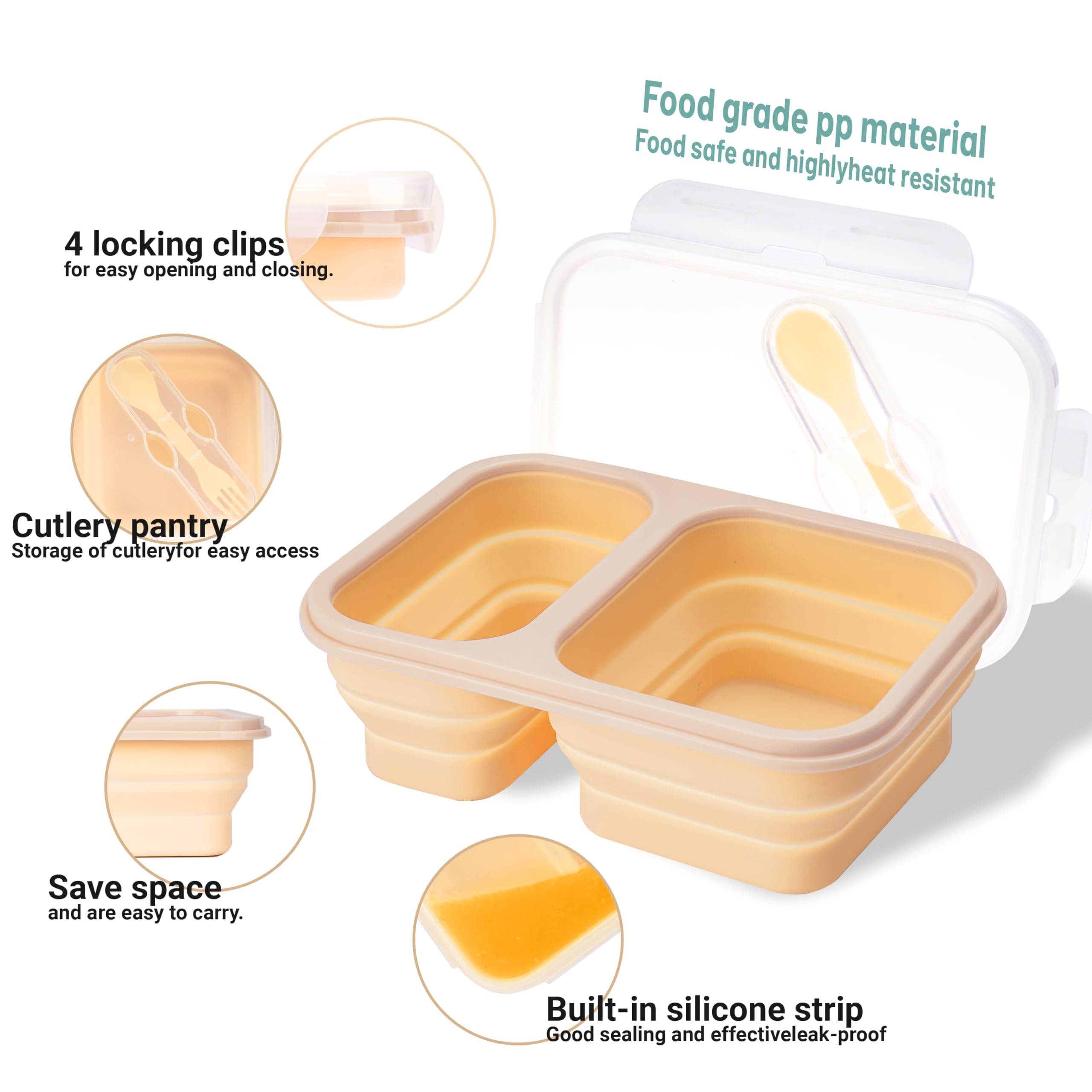 2 Compartments Collapsible Lunch Containers With Lid Lunchbox With Utensils Foldable Silicone Bento For Adults BPA Free