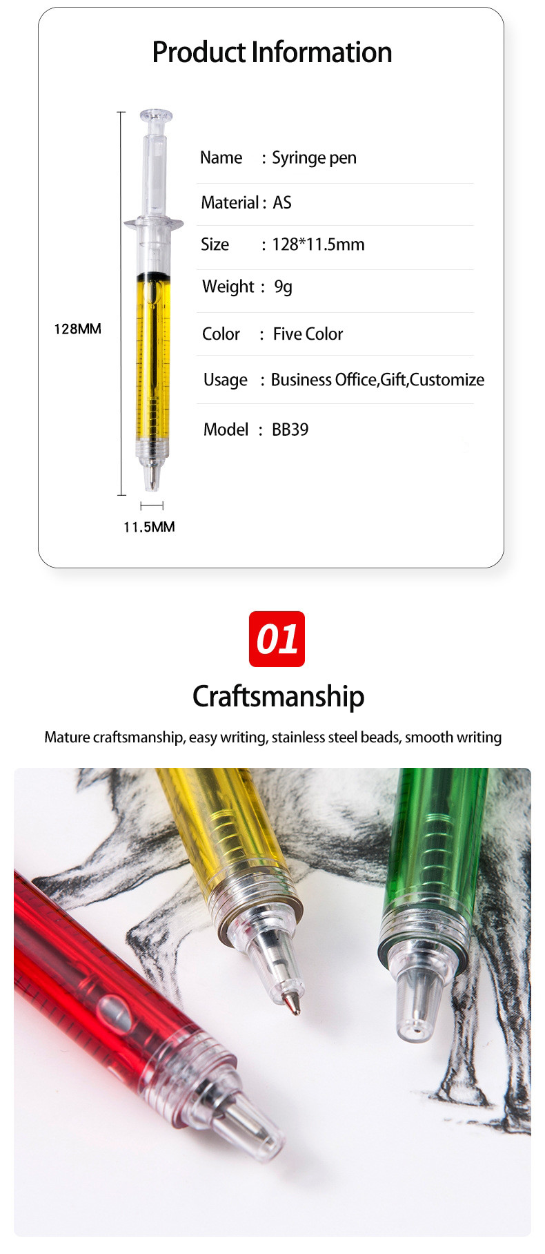 Creative Syringe Style Ballpoint Pen Colorful Oil Filling Plastic Ball Pen