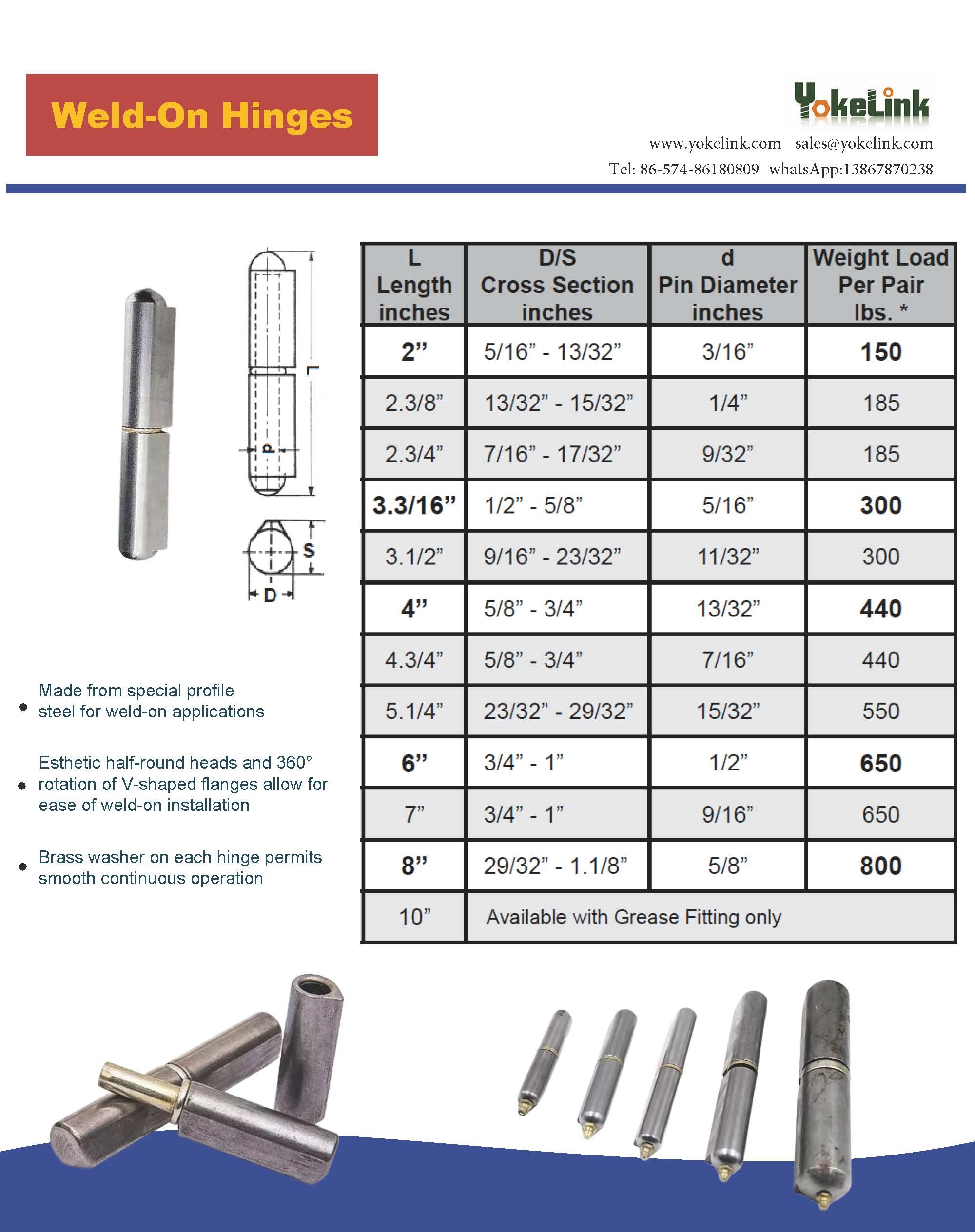 weld-on hinges specification and sizes