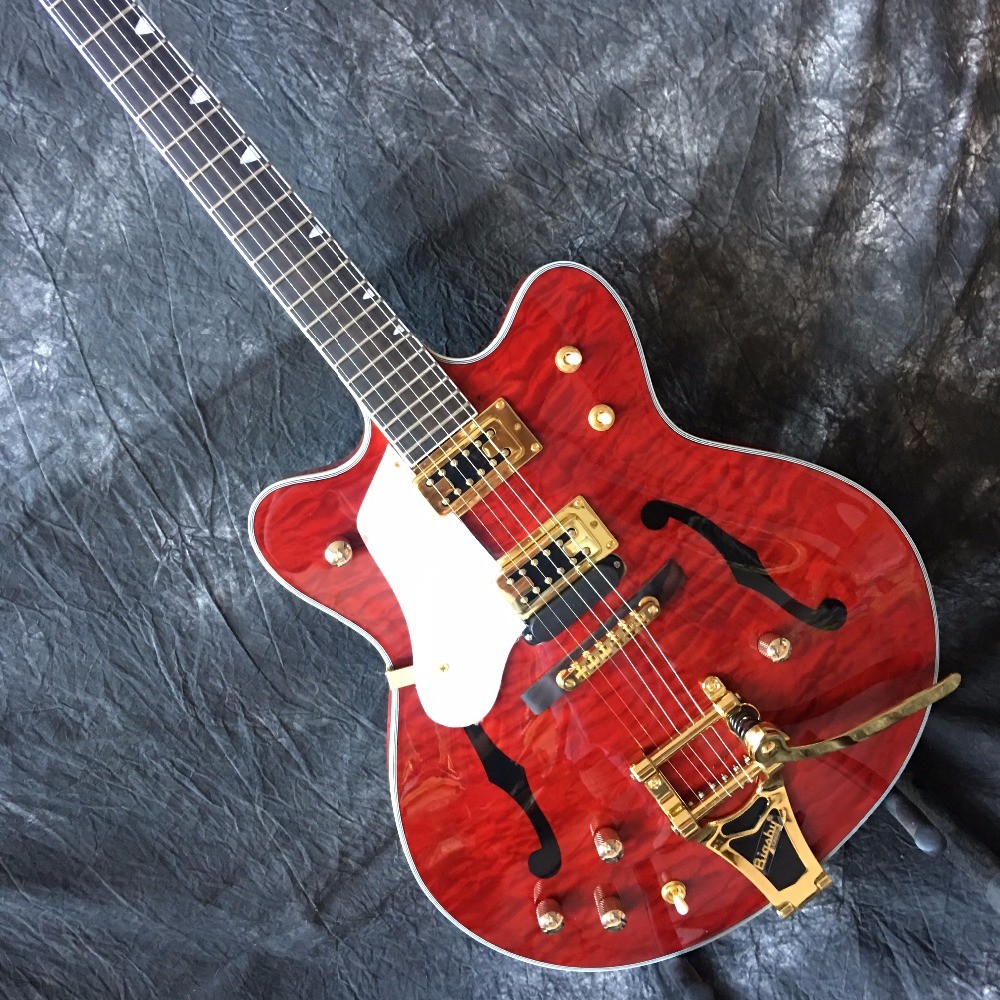 Grand Transparent red, gold tremolo. Free delivery, picture real shooting 333 jazz old electric guitar quilted maple top