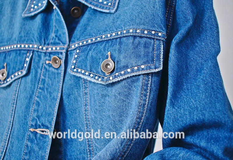 Distressed Stretch Printed Ladies Short Denim Jacket With Rhinestone Trimming