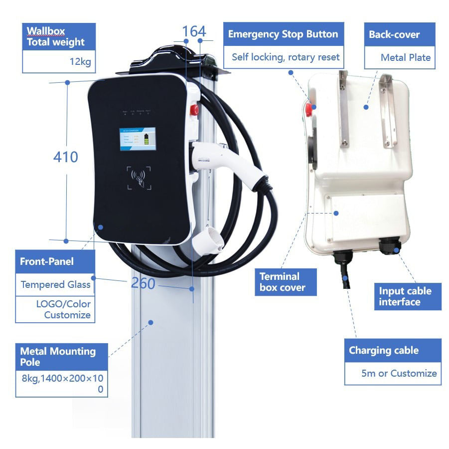 OCPP 1.6J 22kw 3 Phase Car Charger Wall Box 32A Type 2 Mounting Pole With Priced