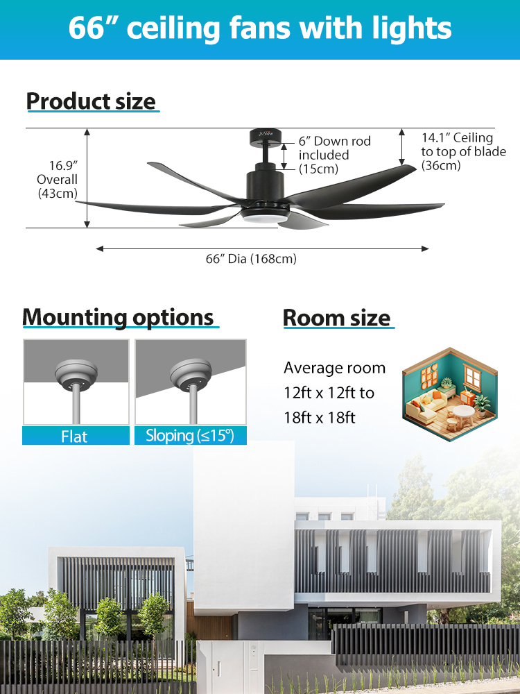 66 Inches Black Ceiling Fan Office Smart Design with LED Light and 10- from 1stshine