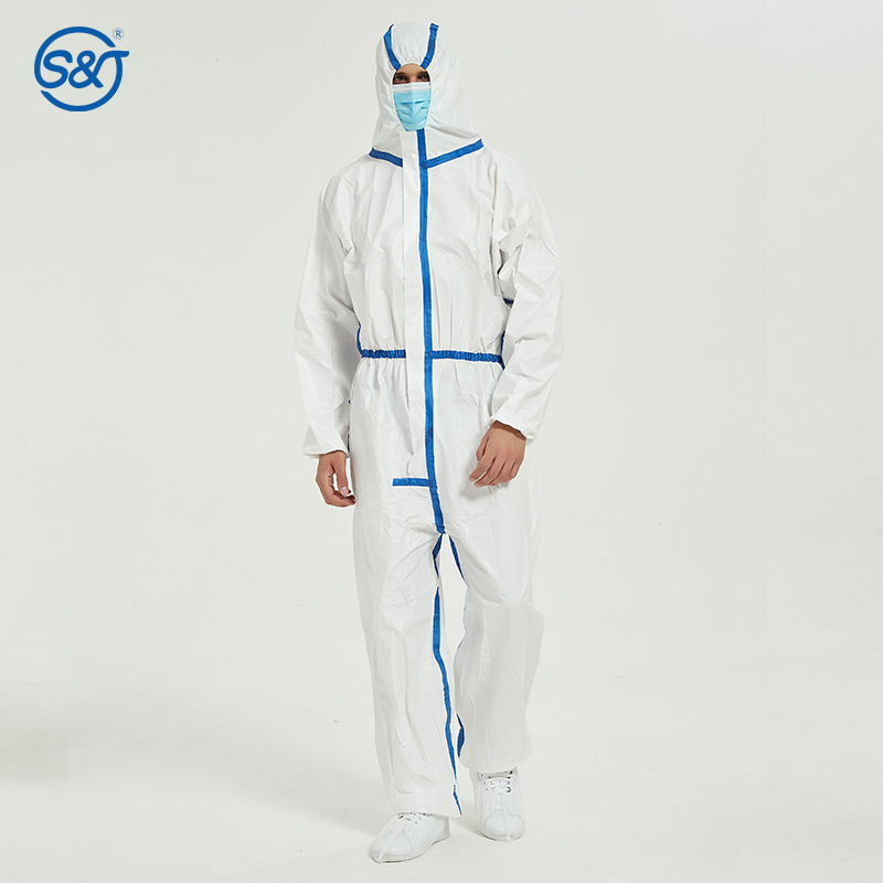S&J White Type 5 Type 6 Coverall Disposable Isolation Suit With Elastic Cuff And Hood