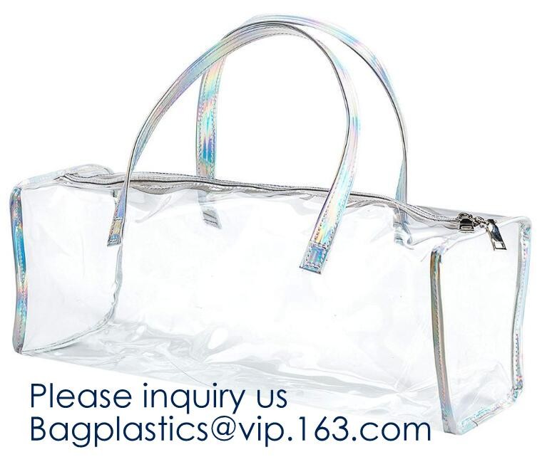 Waterproof All Over Printing PVC Coating Tote Shoulder Fabric Shopping Bag With Gusset And Lining,Jelly Clear Plastic PV