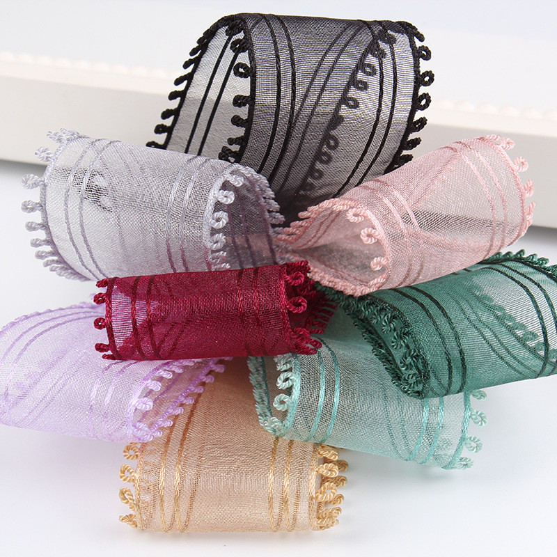 16mm-38mm Rolls Of Organza Ribbon Double Circle Edge Red Sheer Ribbon