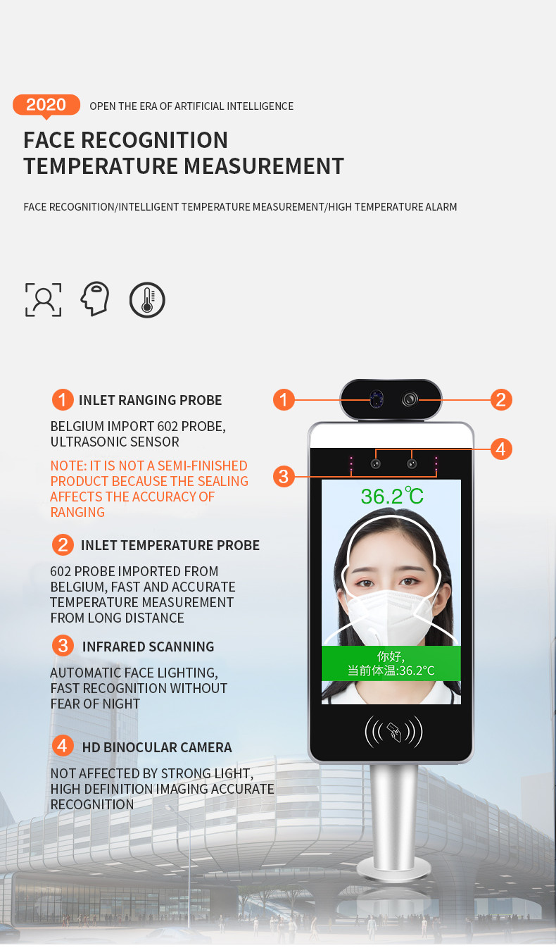 Face Recognition Body Temperature Scanner Non Contact Infrared Thermometer Kiosks