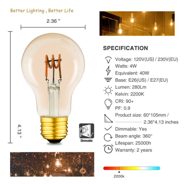 A19 A60 Decorative Outdoor LED Light Bulbs E27 Spiral Filament Bulb Dimmable 4w 6w
