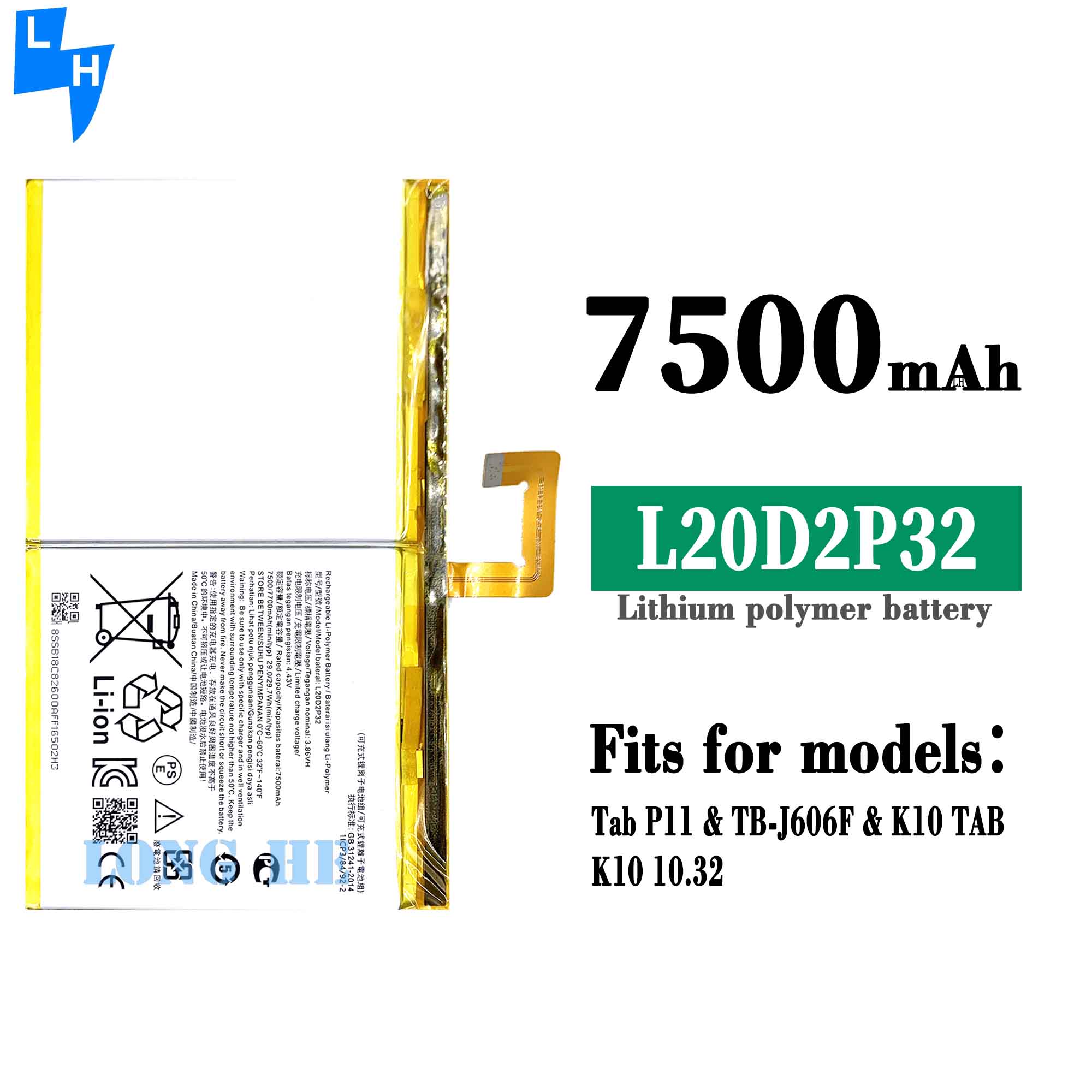 Lenovo Tab P11/ TB-J606F/K10 TAB/ K10 10.3 Smart Tab 7500mAh Capacity L20D2P32 Battery