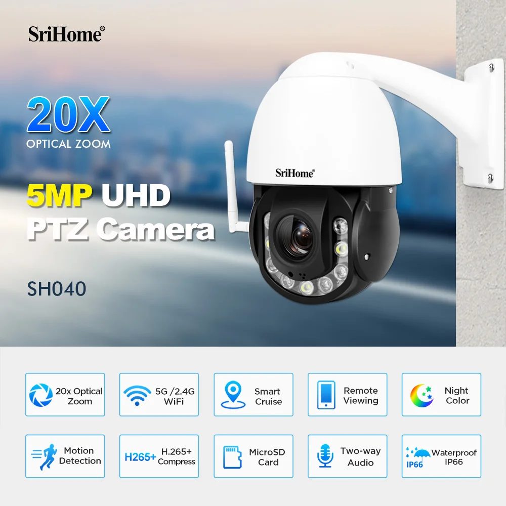 SriHome SH040 1920P Two-Way Audio NVR4.7mm~94mm 20x Optical Zoom Lens Waterproof IP66 WiFi Home Company Security Safety