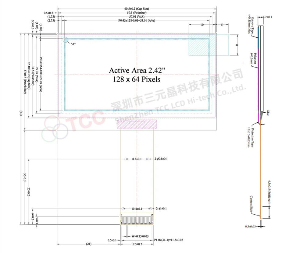 Tcc 2.42" Inch LCD Screen 128X64 Monochrome Module 128*64 OLED Display for Arduino
