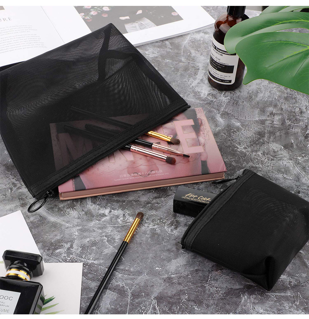 3 Pieces Zipper Closure Black Mesh Makeup Bags For Travel