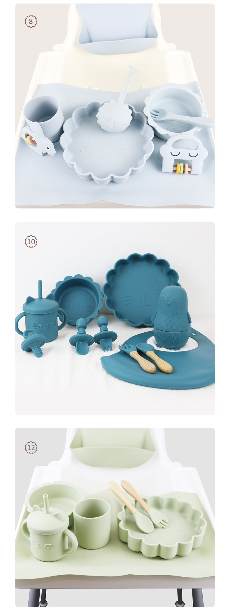Customize Baby Feeding Silicone Tableware Set With silicone section plate Bib Spoon Bowl Spoon Bowl Plate