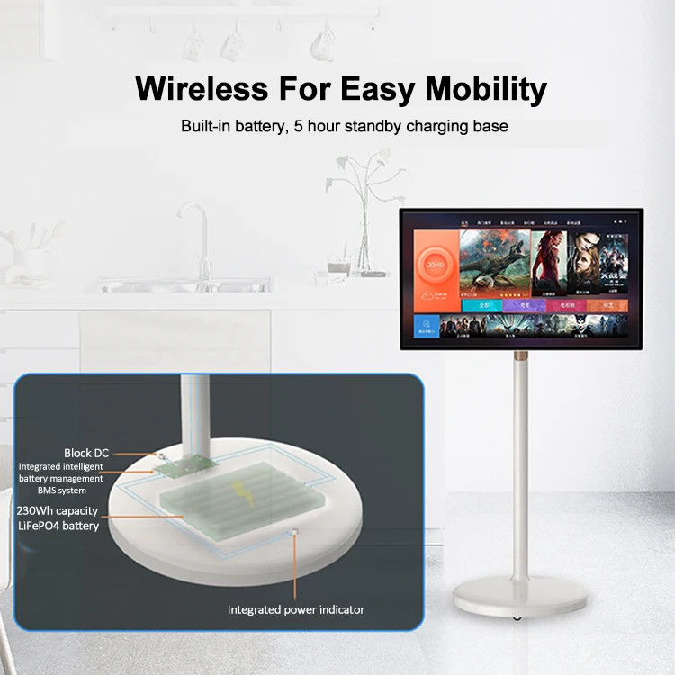 21.5 Inch White Smart Movable TV Screen Android 12 Portable HDTV USB Touch Screen Mobile TV