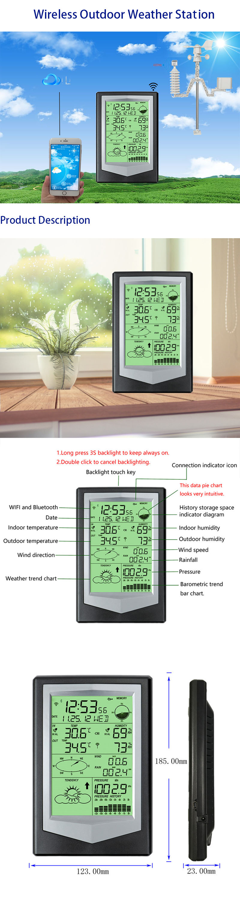 WS2040 Wireless Indoor And Outdoor Weather Station High Accuracy Temperature ±1.0°C