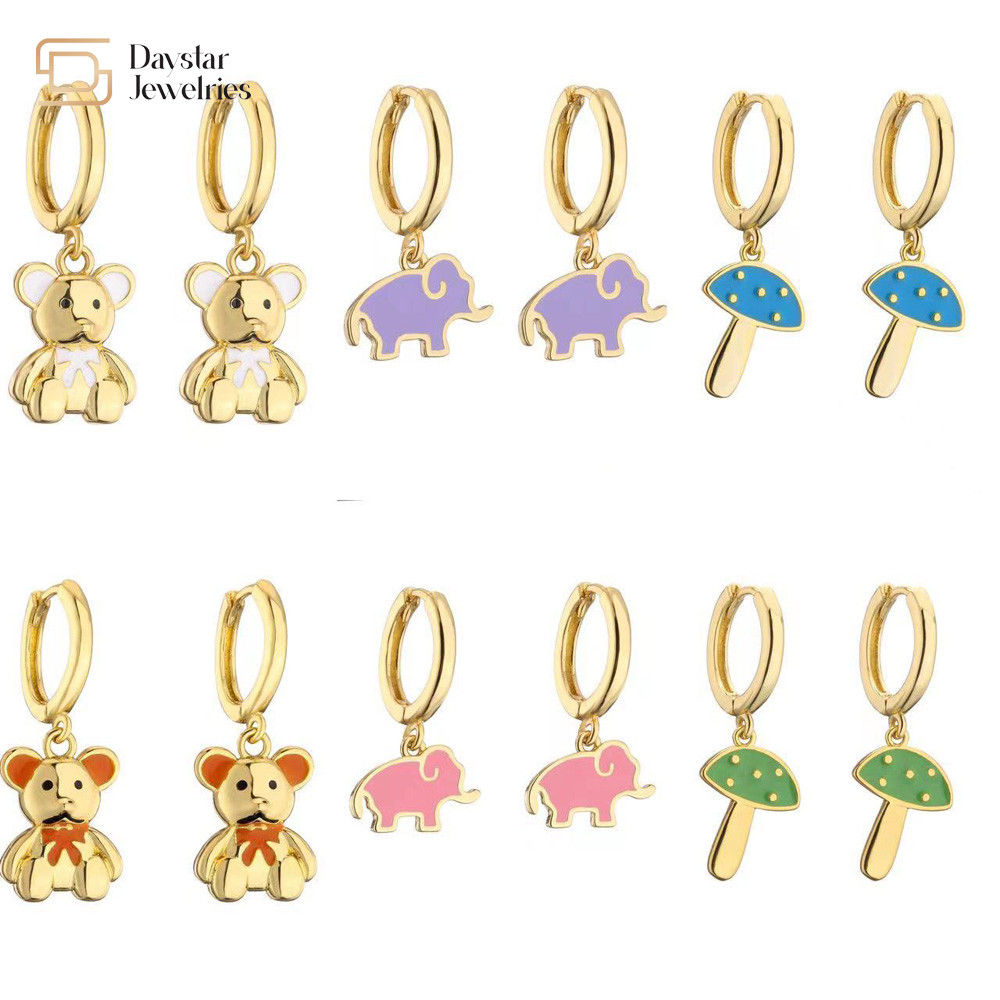 Cute Colorful Enamel Elephant Bear Mushroom Pendant Charm Hoop Earrings 18k