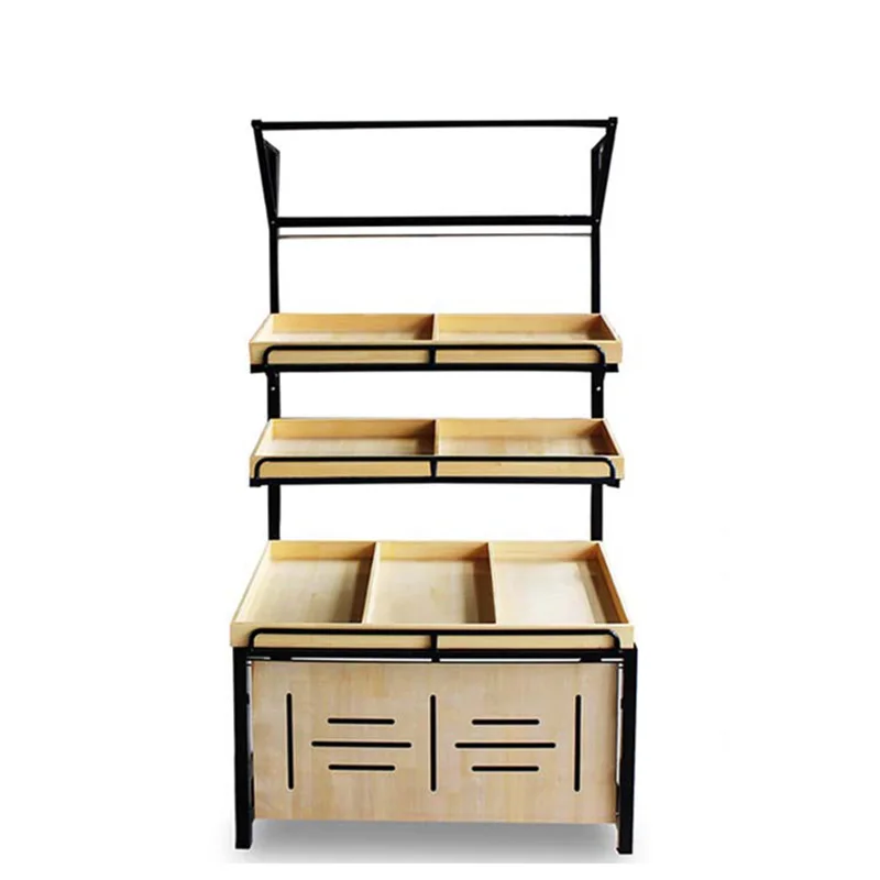 Wood Fruit And Vegetables Display Rack Multi Functional Double Sided