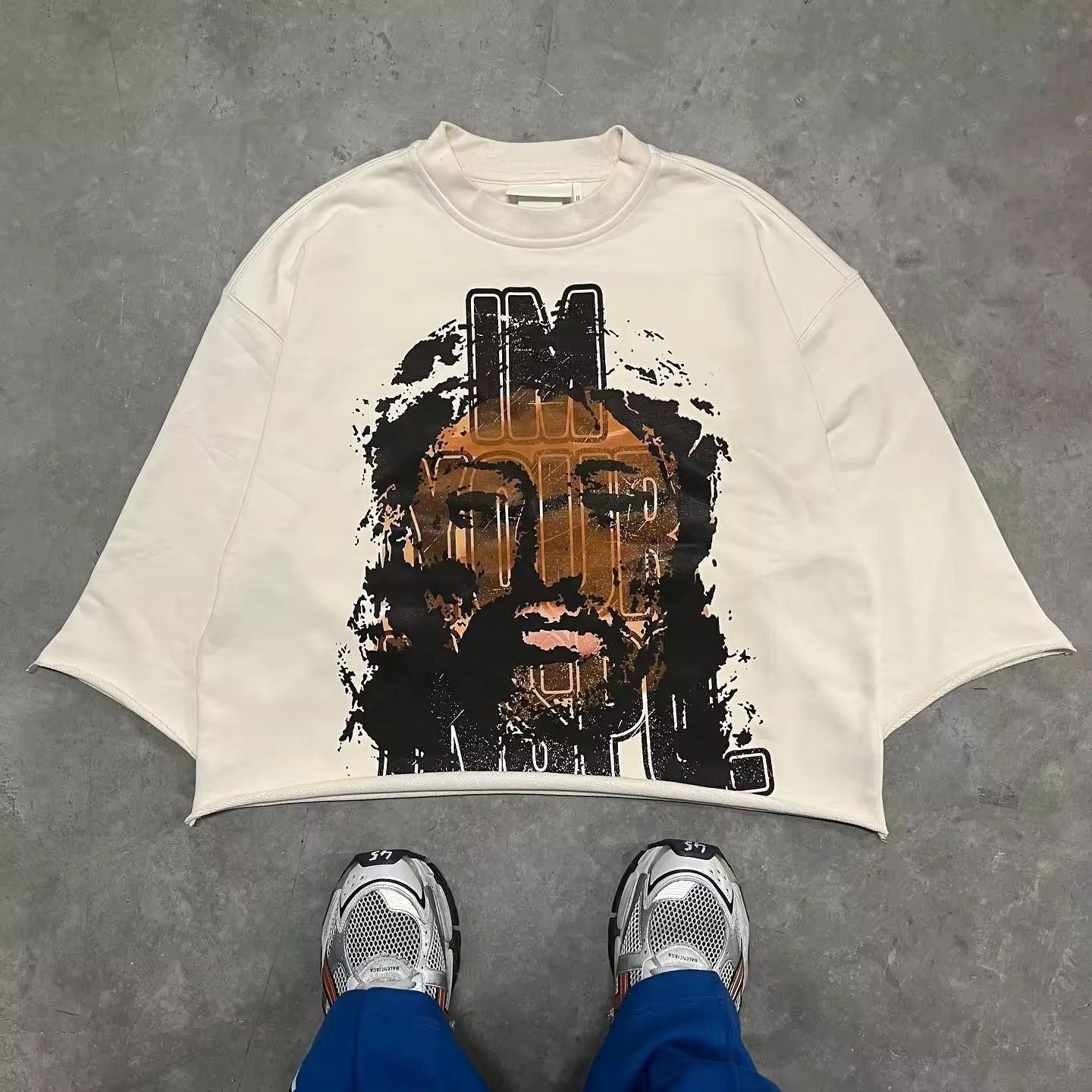 Black Cropped Graphic T Shirt Men 3/4 Sleeve Shirt Heavyweight Printed Cut Raw Curved Hem Boxy