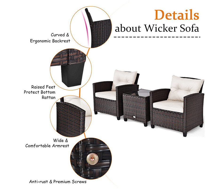 3pc Patio Wicker Bistro Conversation Patio Balcony Poolside-2 Cushioned Armchairs Glass Topped Table Outdoor Rattan Sofa