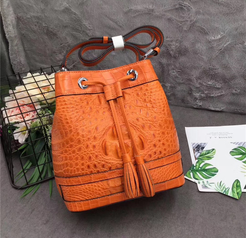 Authentic Crocodile Skin Drawstring Closure Women's Bucket Purse Exotic Alligator Leather Lady Small Tassel Shoulder Bag