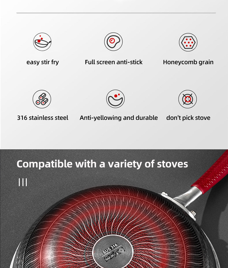Hot Selling Kitchen 32cm Induction Wok Pan SUS 304 Stainless Steel Honeycomb Non-stick Frying Pan