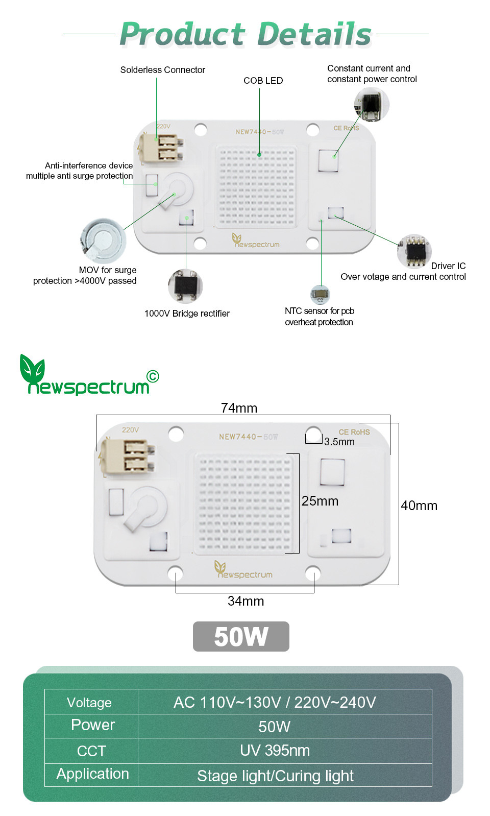 Solderless UV LED Module COB Cold White Light Beads For Floodlights