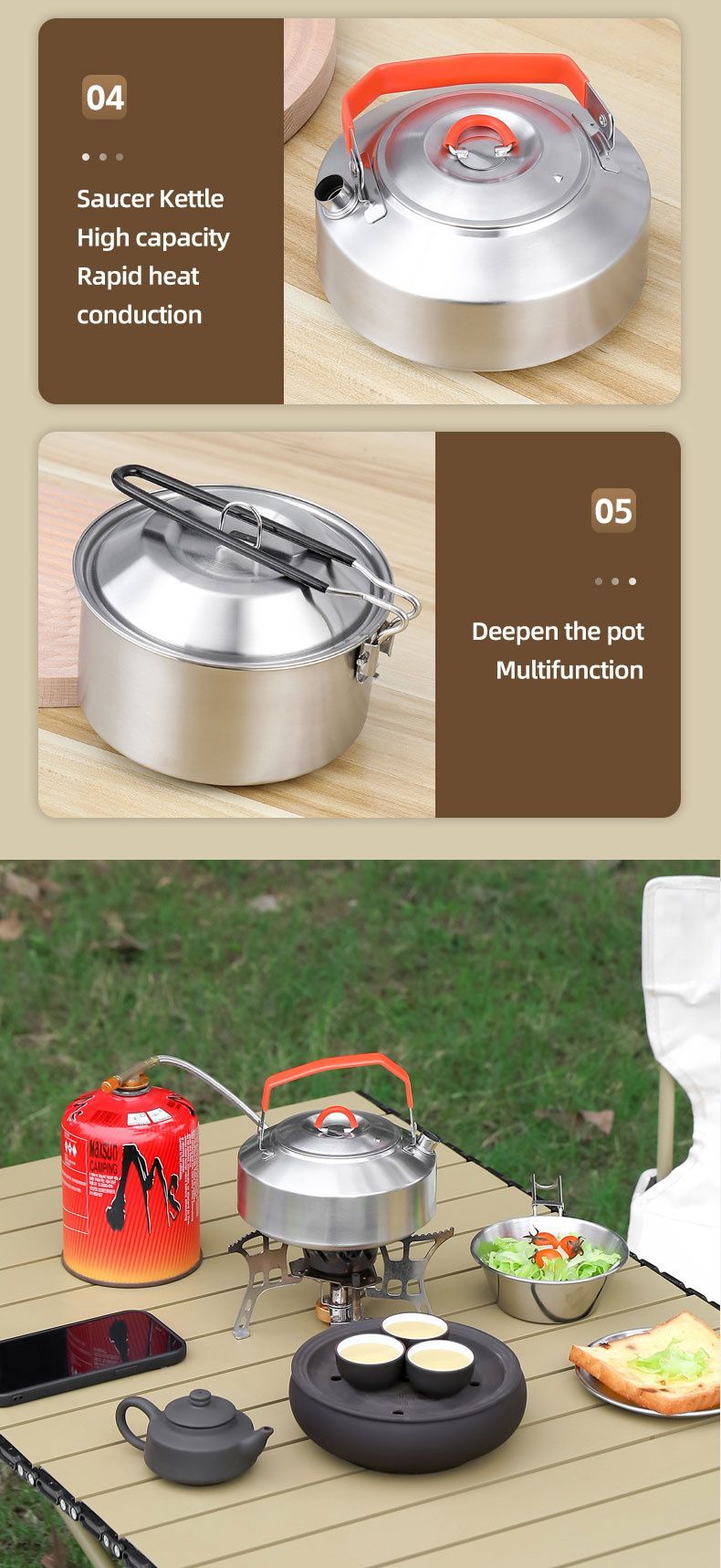 Hot Sale 304 Stainless Steel Outdoor Camping Cookware Mess Kit Portable Picnic Pot Pan Camping Cooking Set