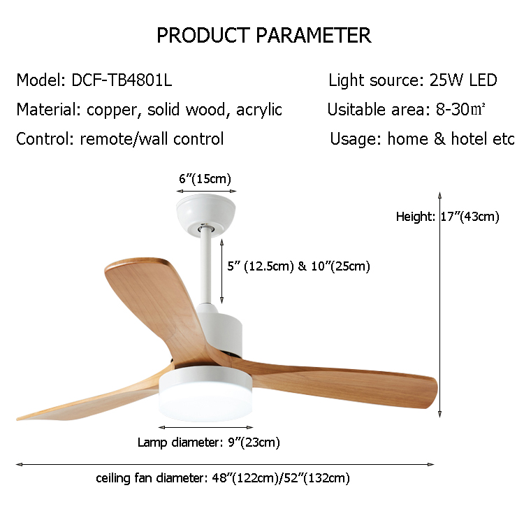 52 Inch Luxury Household Ceiling Fan with Light and Remote Control AC Copper Motor