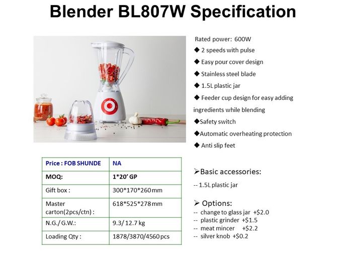 600W 1.5 L BL807 Plastic / Glass Jar Food Blender