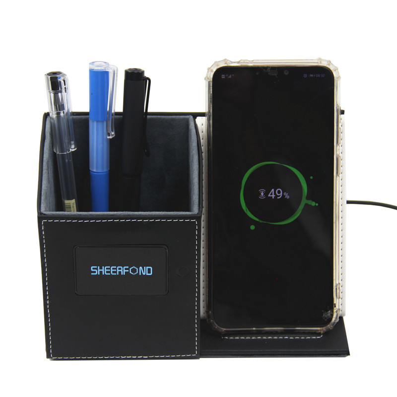Pen Holder Wireless Charger Multifunctional Desktop Leather Wireless Charger Stand