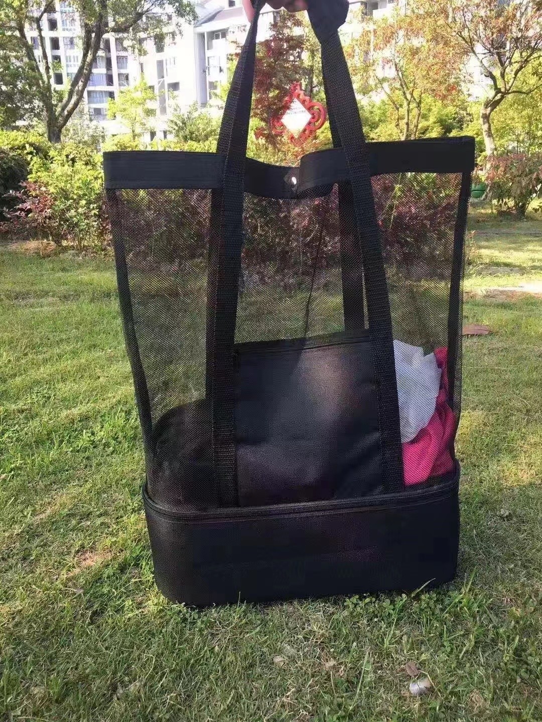 2 IN 1 Mesh Beach Tote Bag With Cooler Compartment Beach Cooler Insulated Tote