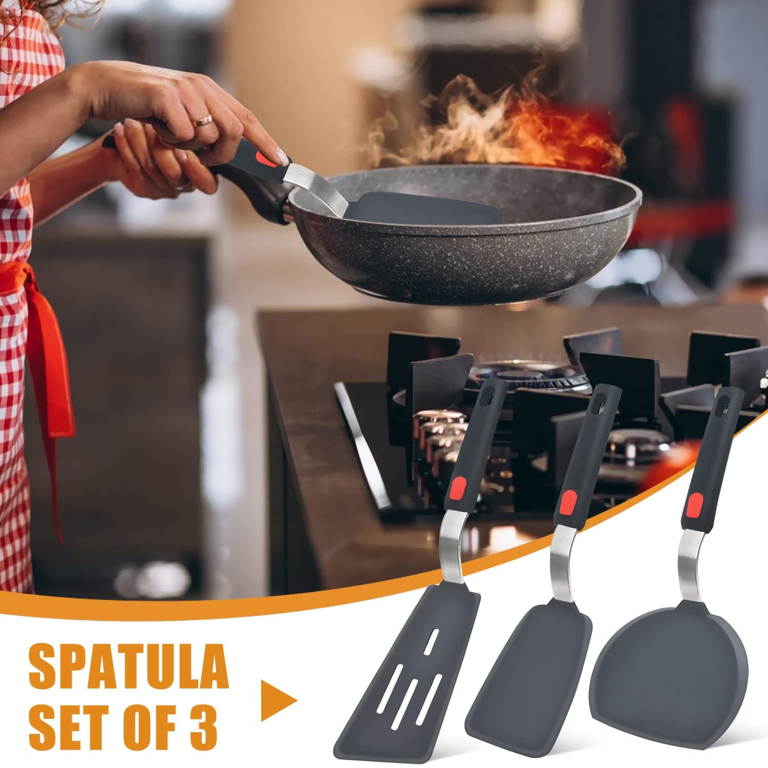 Silicone Spatula Turner Set of 3 Heat Resistant Cooking Spatulas for Nonstick Cookware Large Flexible Kitchen Utensils