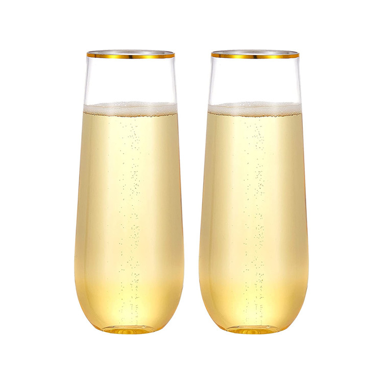 Gold Rim Shatterproof Stemless Wine Glasses 9oz Disposable Champagne Cups