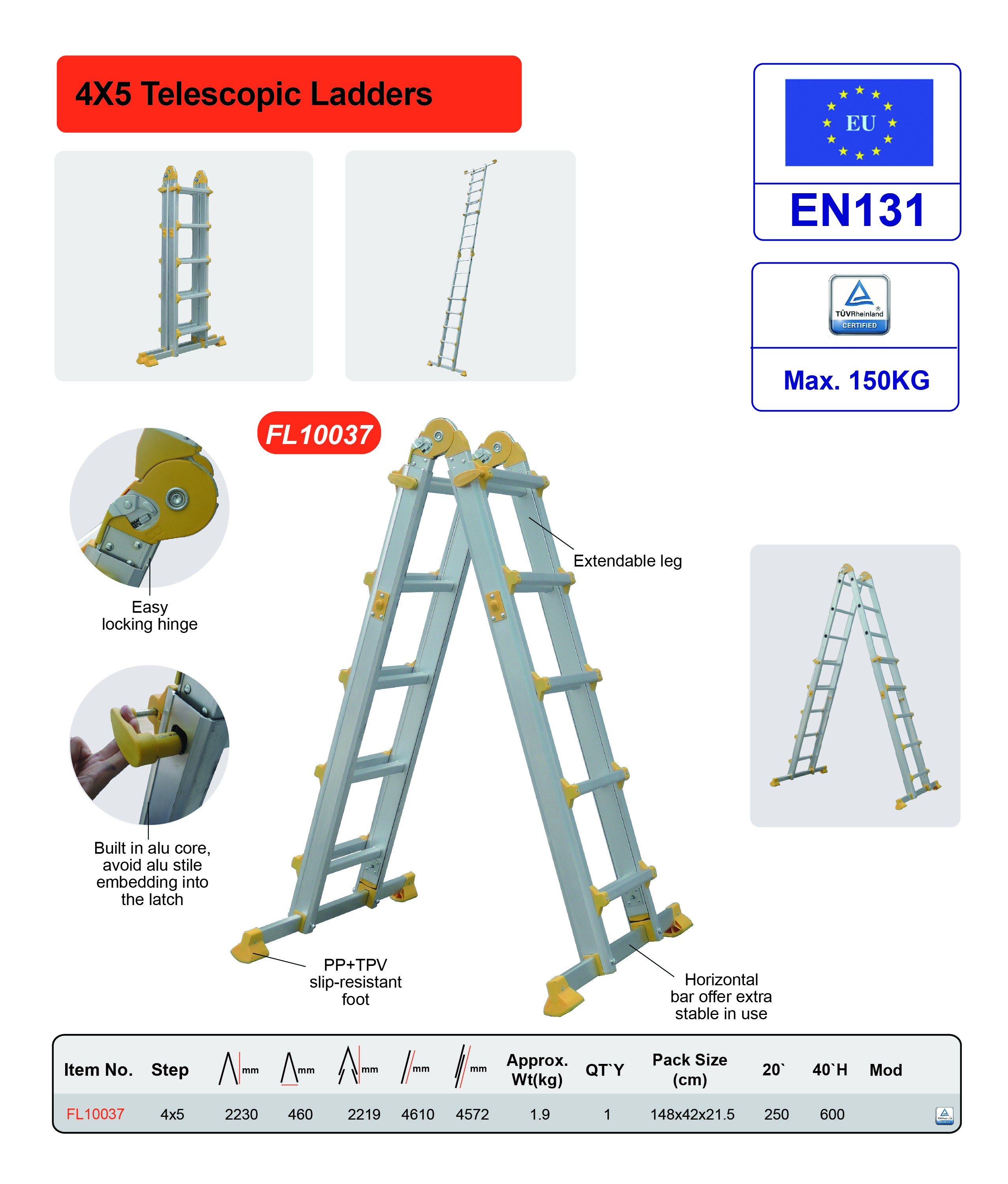 5 Steps Aluminum Telescopic Ladder High Strength Stable Performance