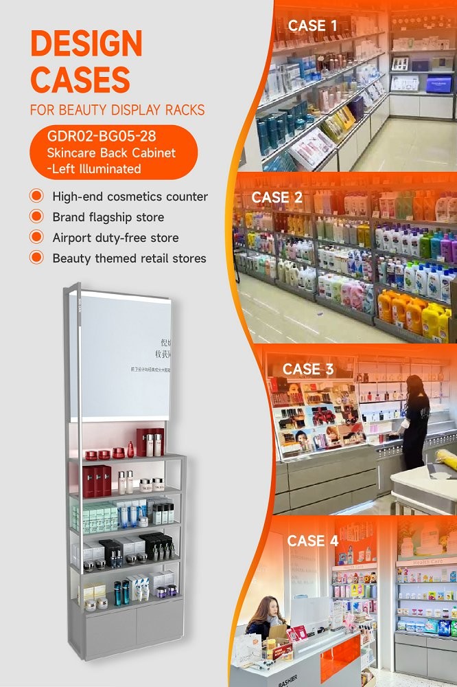 GDR02-BG05-28 Left Illuminated Skincare Display Cabinet with 60mm Soft Film Light Box and Grey Edge Banding for Fashion Boutiques