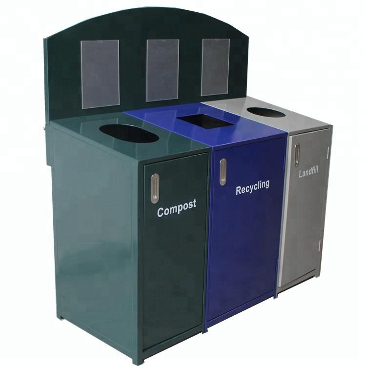3 Compartment Steel Outdoor Trash Cans With Cover Lid Rustproof