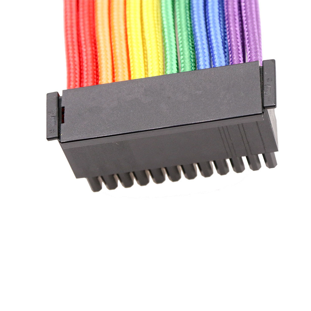 1*24Pin Male to 24pin Female ATX Braided Sleeved Power Supply Extension Cable 18AWG Rainbow Color