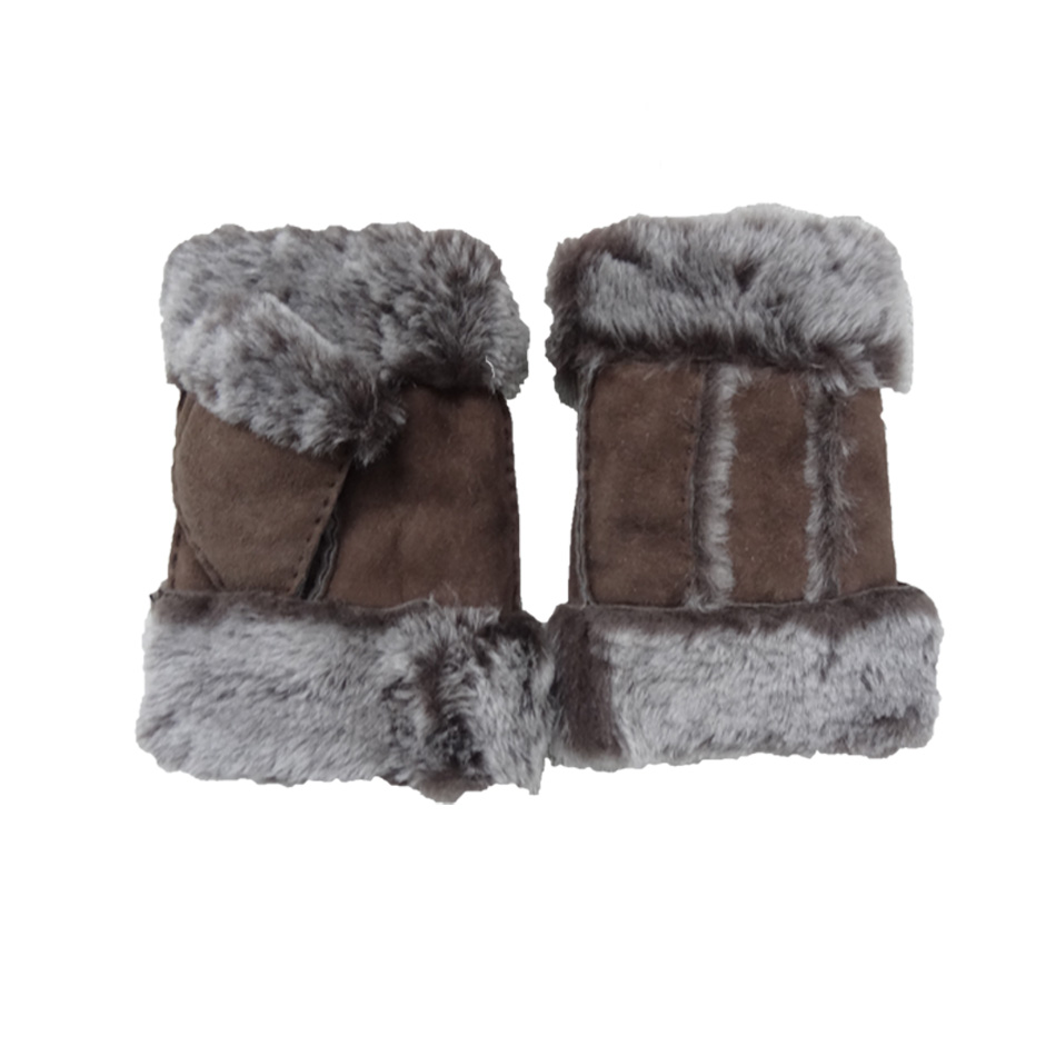 Stock Ladies Lambskin Gloves with Curly Fur Trim Cuff Shealring Sheepskin Fingerless Gloves