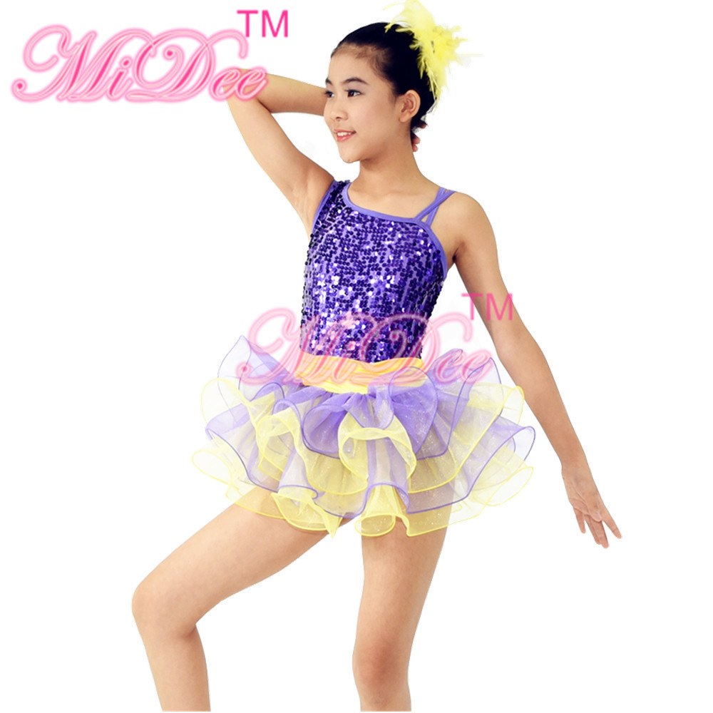 2 In 1 Dance Competition Costumes Diagonal Neckline Bodice Purple Knee Length Skirt