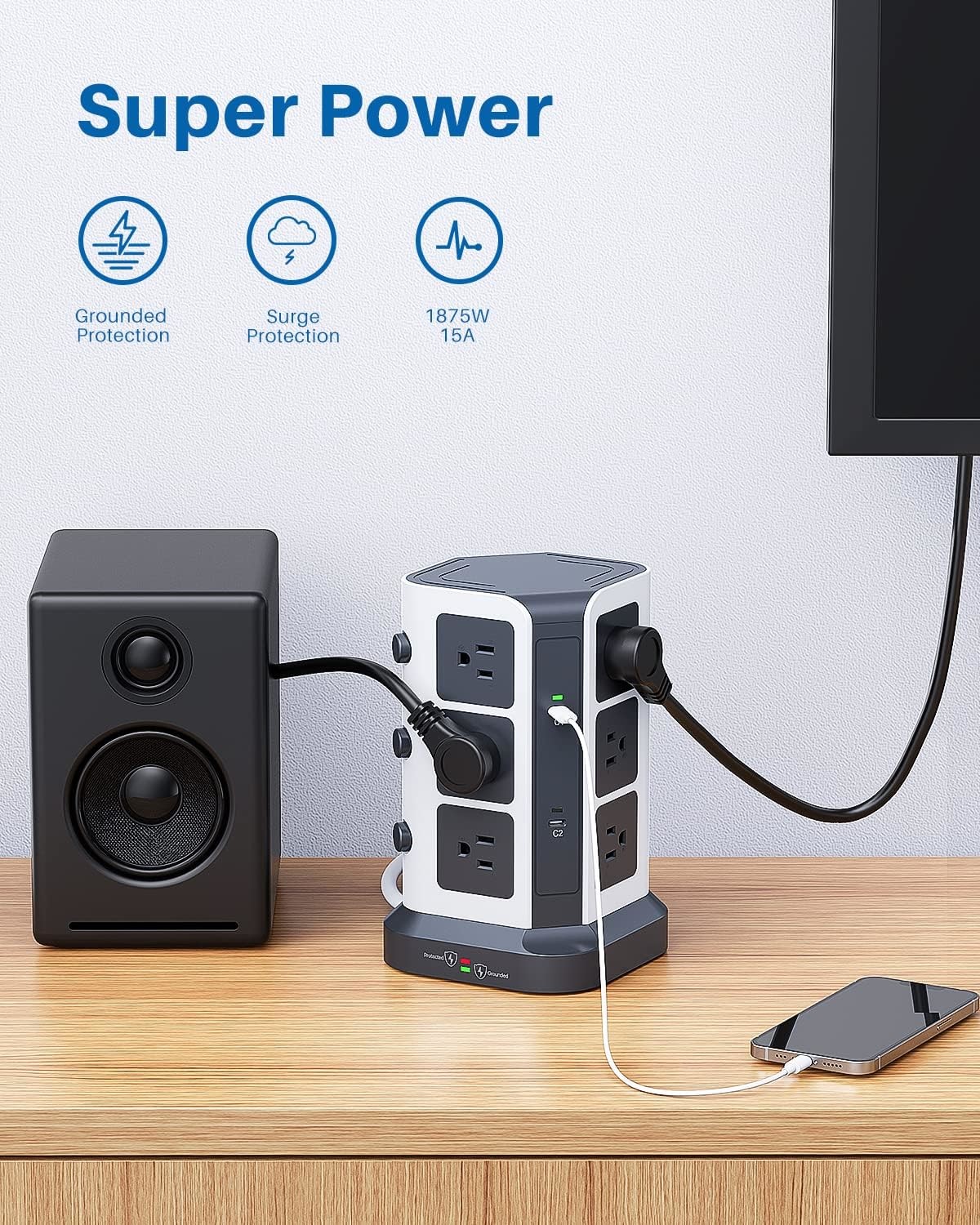 USB C Desktop Charging Tower Surge Protector OEM With 12 Widely Spaced AC Outlets