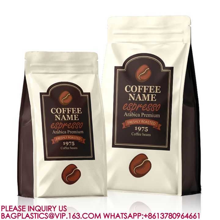 Compostable Flat Bottom Kraft Paper Coffee Pouch Packaging Bags With Valve And Zipper