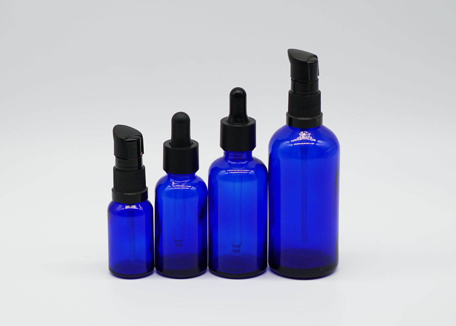 Cylinder Essential Oil Dropper Bottles Lotion Pump Tops Blue Clear Color